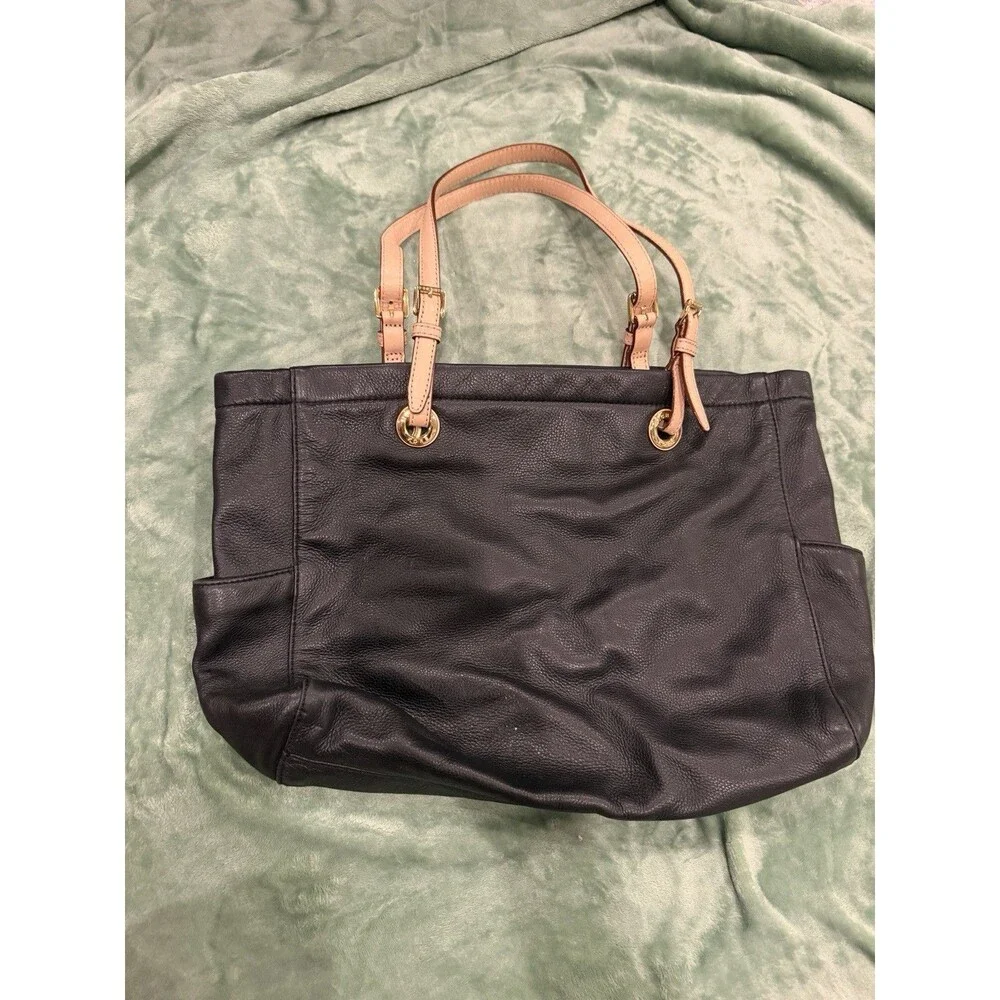 Michael Kors Black Pebbled Leather Tote Bag Pink Blush Straps Shoulder Purse Bag - Picture 2 of 8